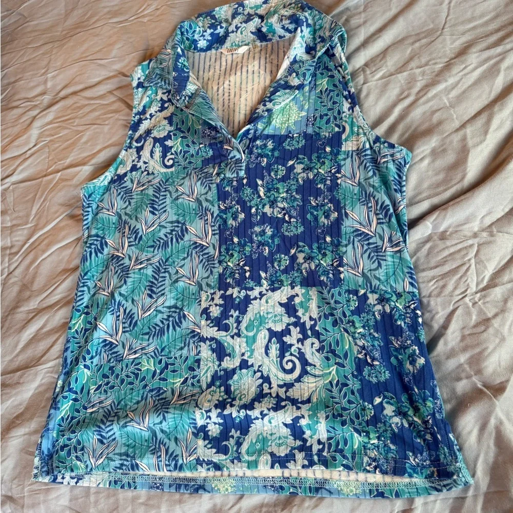 Cathy Daniels Blue & Teal Floral Patchwork Collared Sleeveless Top - Picture 6 of 12